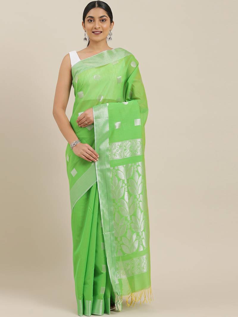 The Chennai Silks Green Silk Cotton Saree With Running Blouse