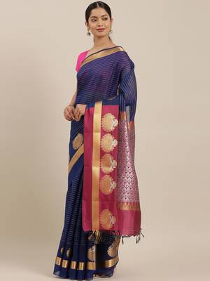 The Chennai Silks Navy Blue Silk Cotton Saree With Running Blouse 1