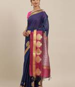 The Chennai Silks Navy Blue Silk Cotton Saree With Running Blouse