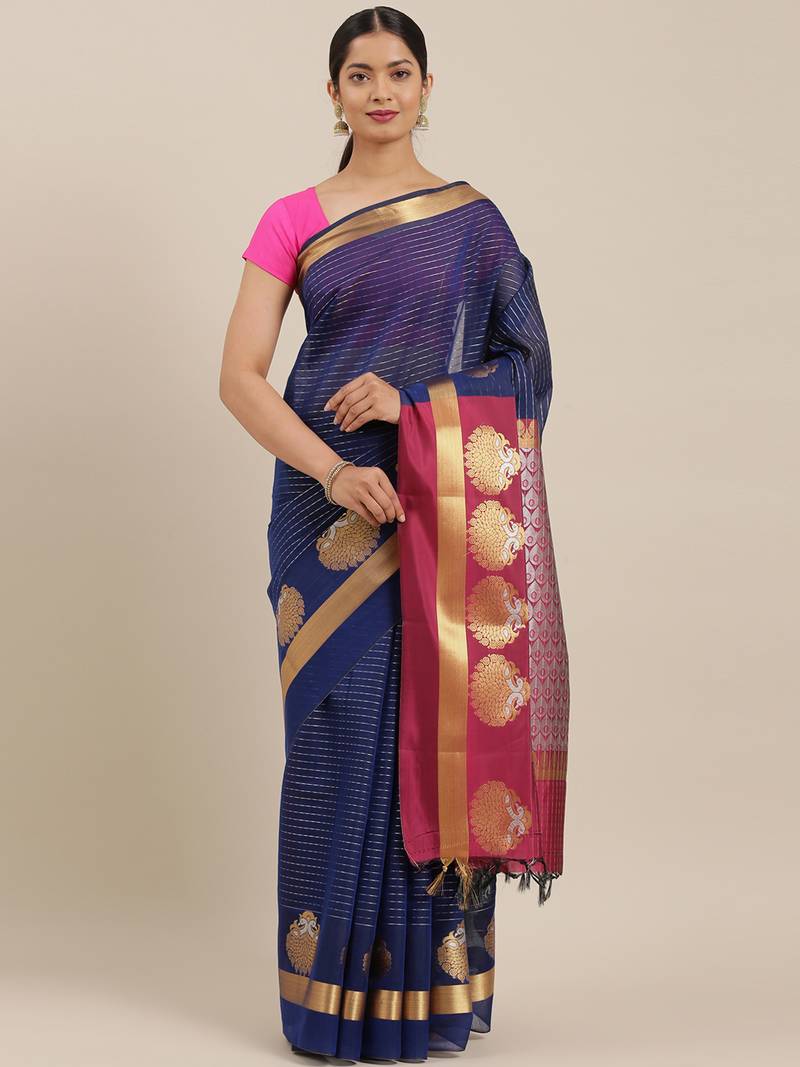 The Chennai Silks Navy Blue Silk Cotton Saree With Running Blouse