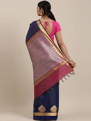 The Chennai Silks Navy Blue Silk Cotton Saree With Running Blouse 3
