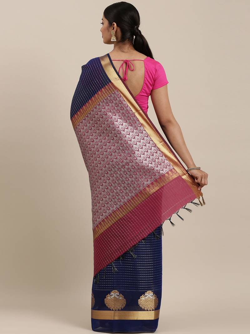 The Chennai Silks Navy Blue Silk Cotton Saree With Running Blouse
