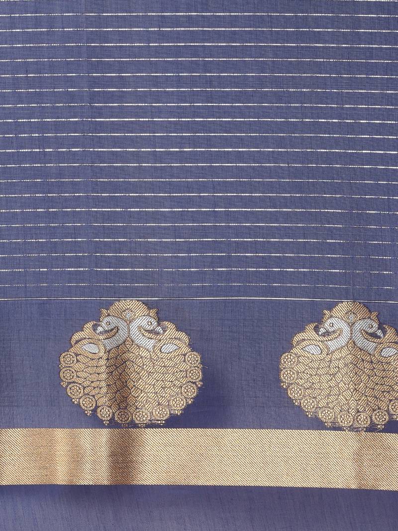 The Chennai Silks Navy Blue Silk Cotton Saree With Running Blouse