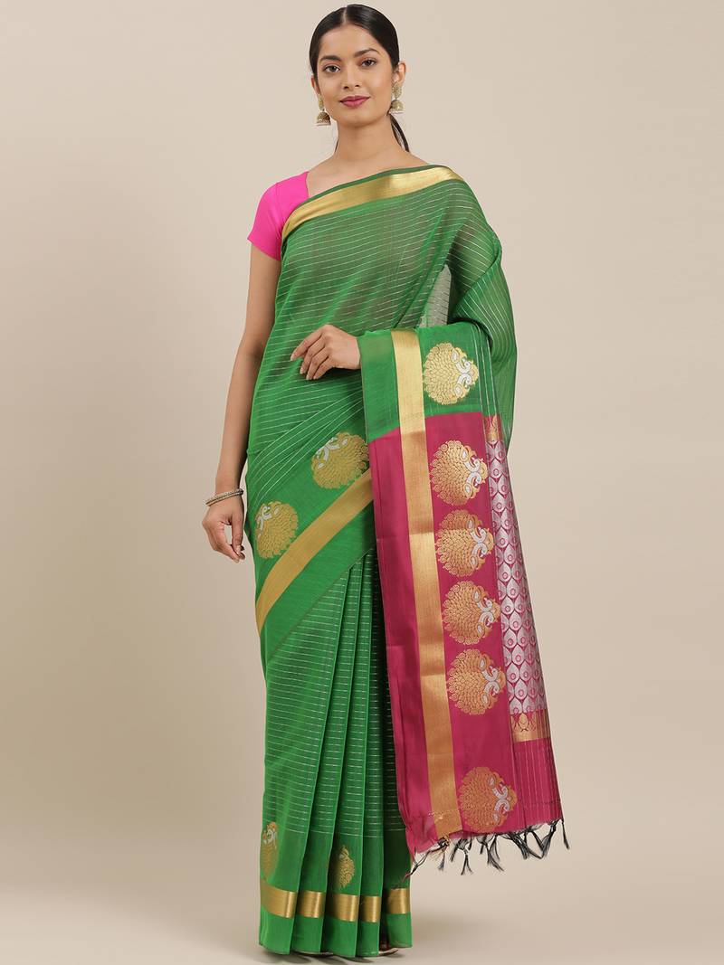 The Chennai Silks Green Silk Cotton Saree With Running Blouse