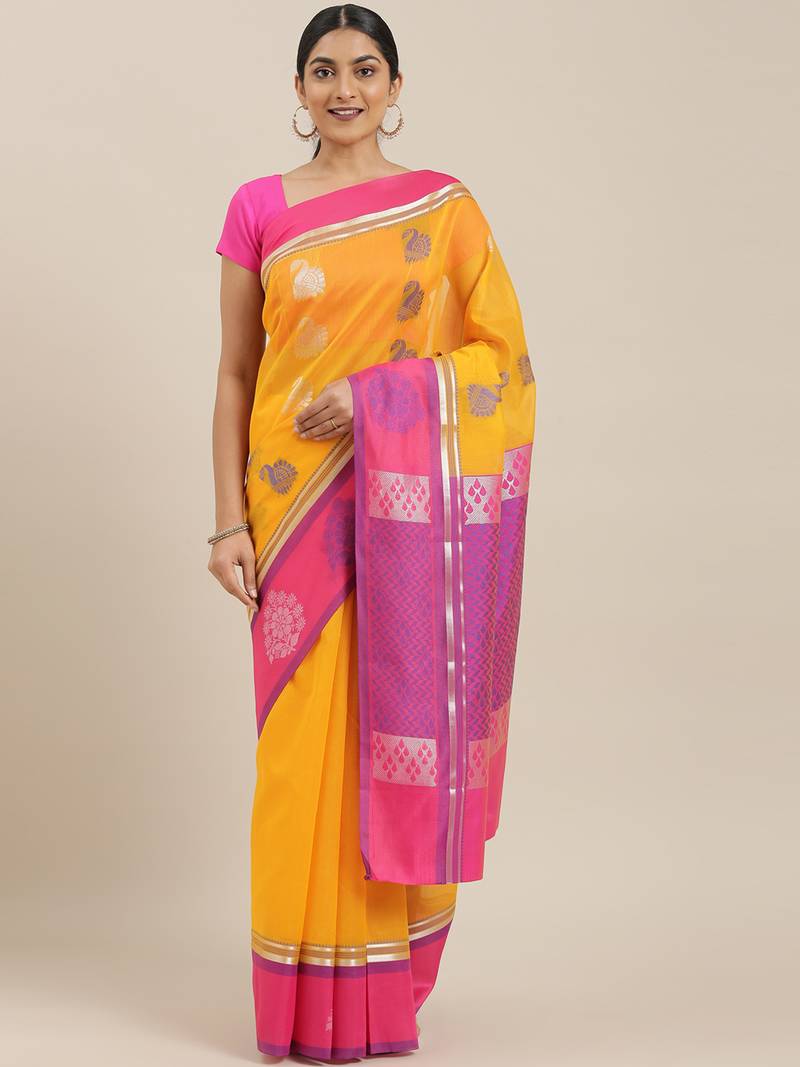 The Chennai Silks Yellow Silk Cotton Saree With Running Blouse