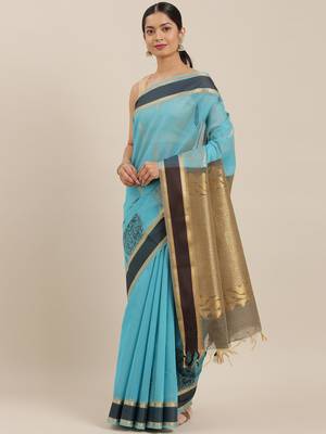 The Chennai Silks Blue Silk Cotton Saree With Running Blouse 1