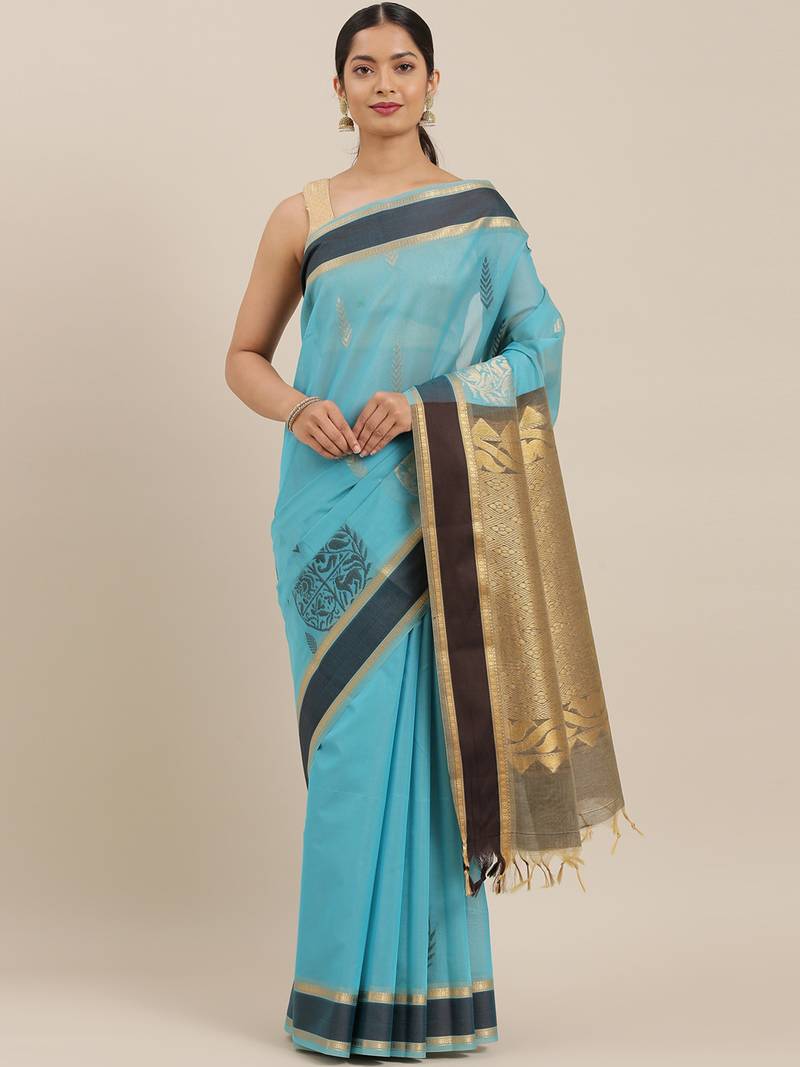 The Chennai Silks Blue Silk Cotton Saree With Running Blouse