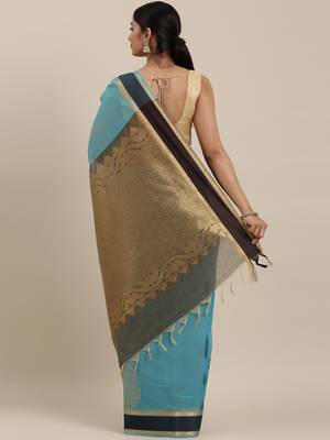 The Chennai Silks Blue Silk Cotton Saree With Running Blouse 3