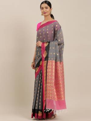 The Chennai Silks Grey Silk Cotton Saree With Running Blouse 1
