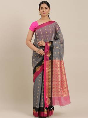 The Chennai Silks Grey Silk Cotton Saree With Running Blouse 2