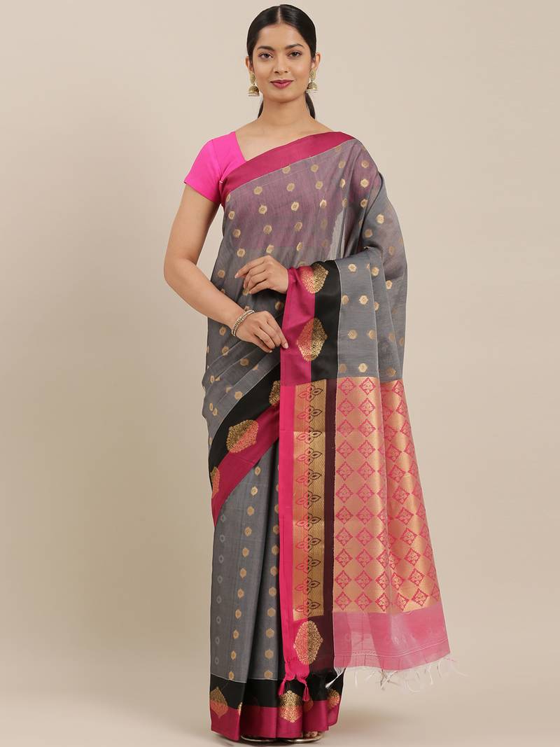 The Chennai Silks Grey Silk Cotton Saree With Running Blouse
