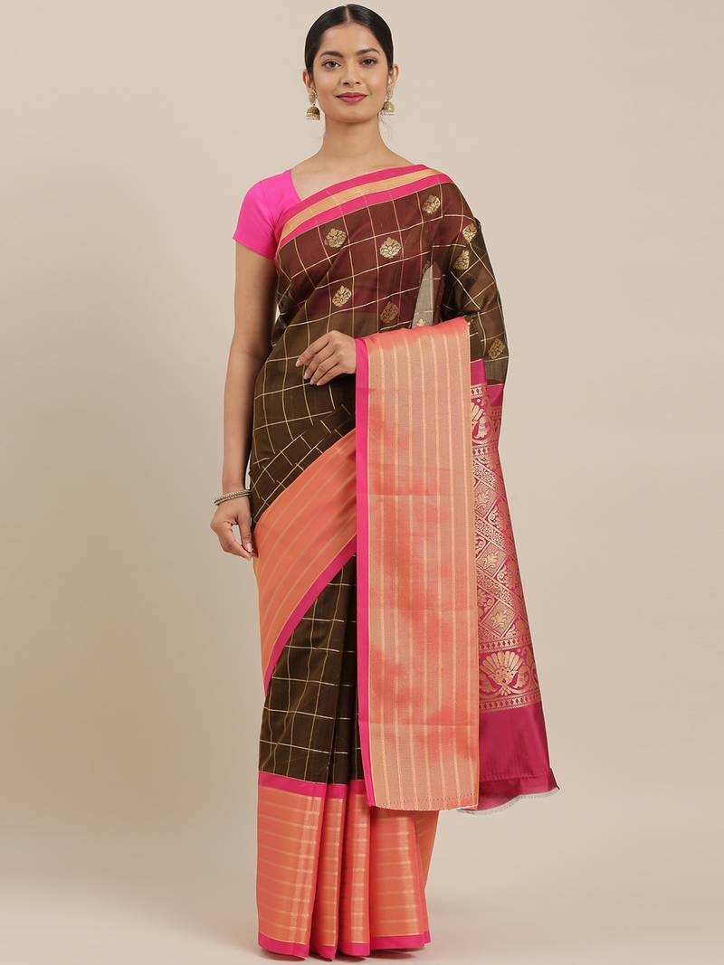 The Chennai Silks Olive Silk Cotton Saree With Running Blouse