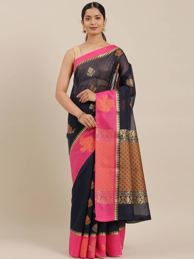 The Chennai Silks Navy Blue Silk Cotton Saree With Running Blouse