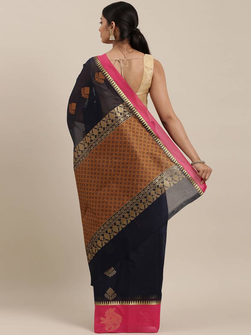 The Chennai Silks Navy Blue Silk Cotton Saree With Running Blouse