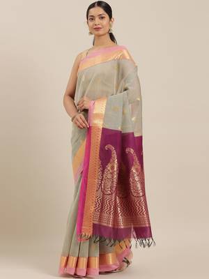 The Chennai Silks Grey Silk Cotton Saree With Running Blouse 1