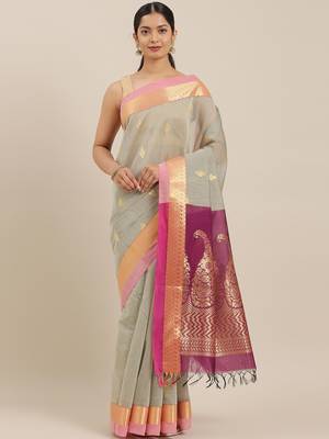 The Chennai Silks Grey Silk Cotton Saree With Running Blouse 2