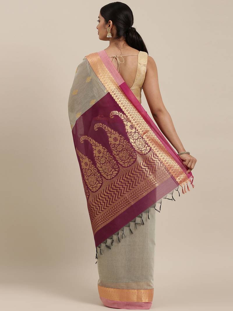 The Chennai Silks Grey Silk Cotton Saree With Running Blouse