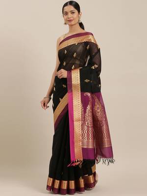 The Chennai Silks Black Silk Cotton Saree With Running Blouse 1