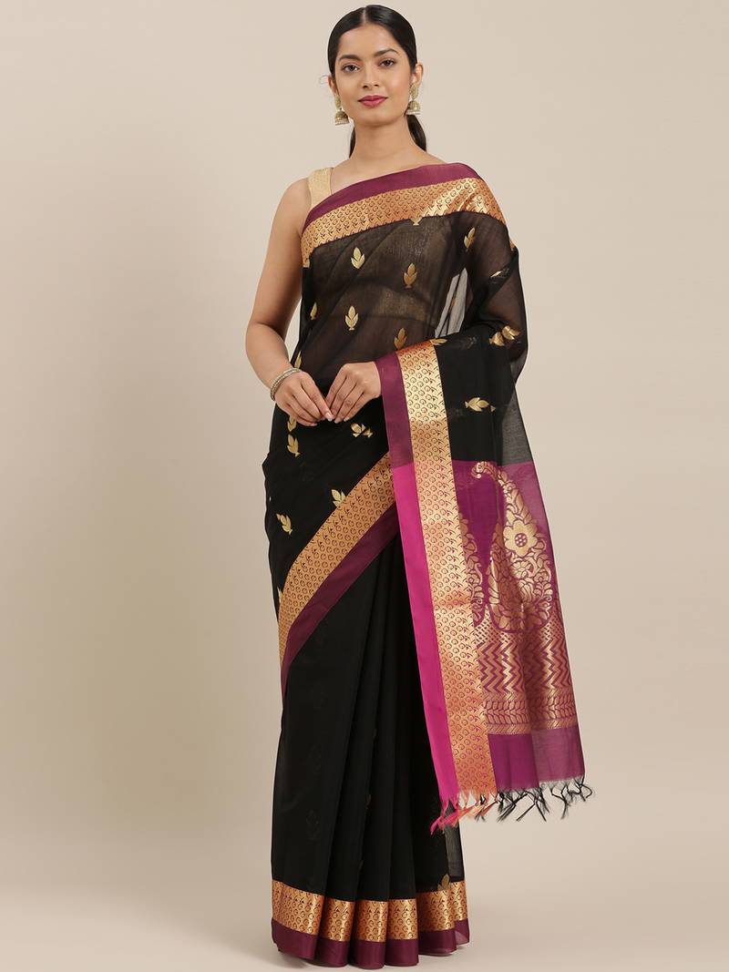 The Chennai Silks Black Silk Cotton Saree With Running Blouse