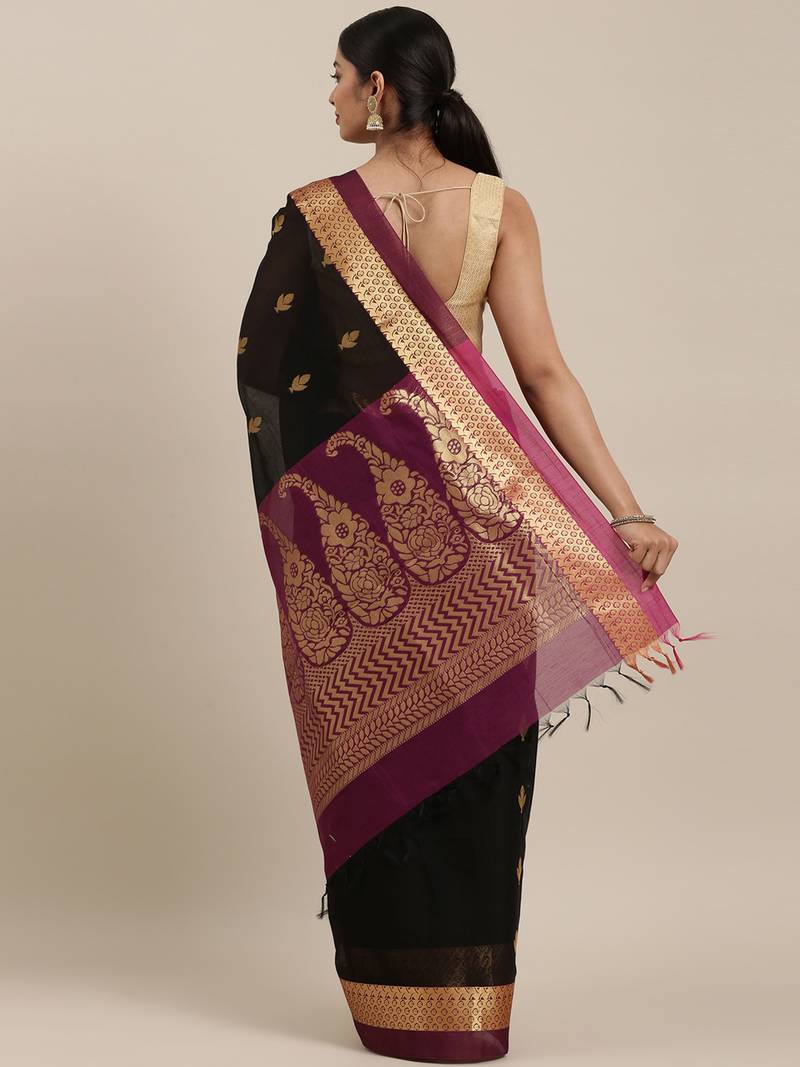 The Chennai Silks Black Silk Cotton Saree With Running Blouse