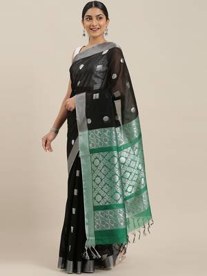 The Chennai Silks Black Silk Cotton Saree  With Running Blouse 1