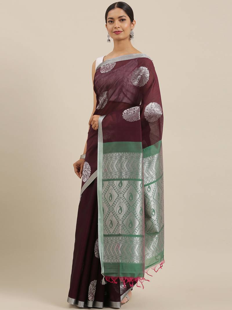 The Chennai Silks Purple Silk Cotton Saree With Running Blouse