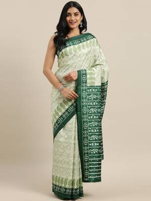 The Chennai Silks Green Ikat Dupion Saree With Running Blouse 1