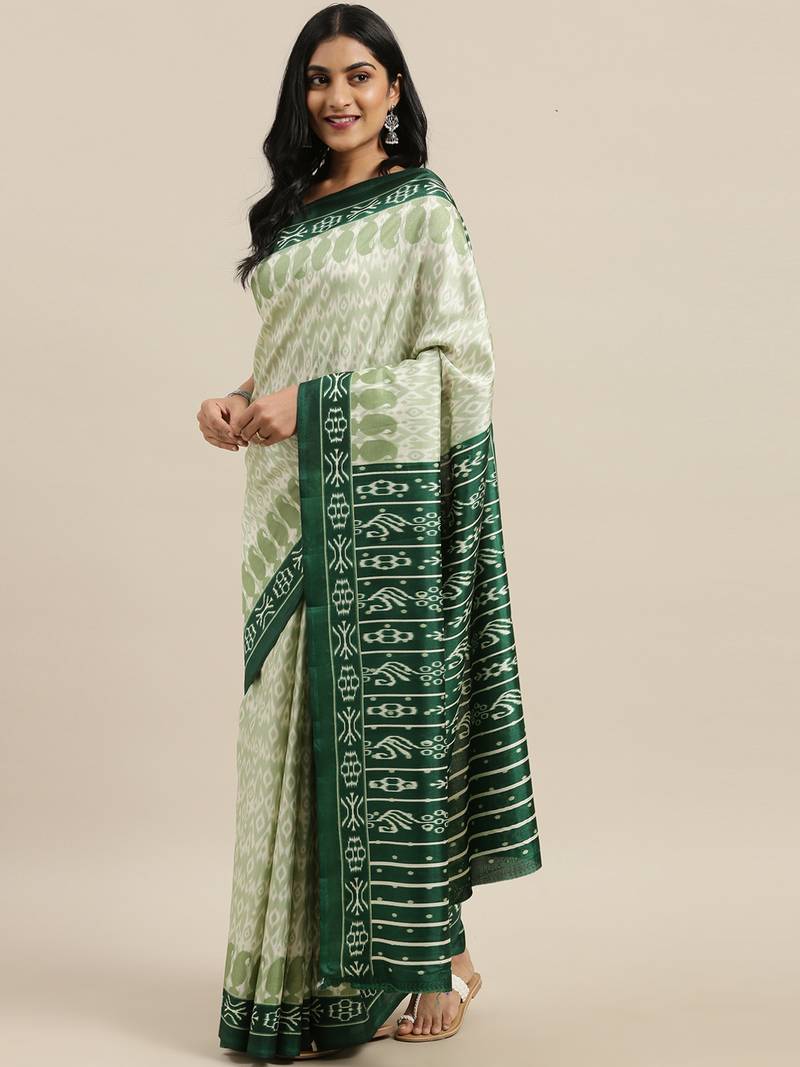 The Chennai Silks Green Ikat Dupion Saree With Running Blouse