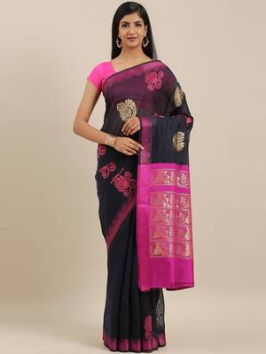 The Chennai Silks Navy Blue Silk Cotton Saree With Running Blouse 1