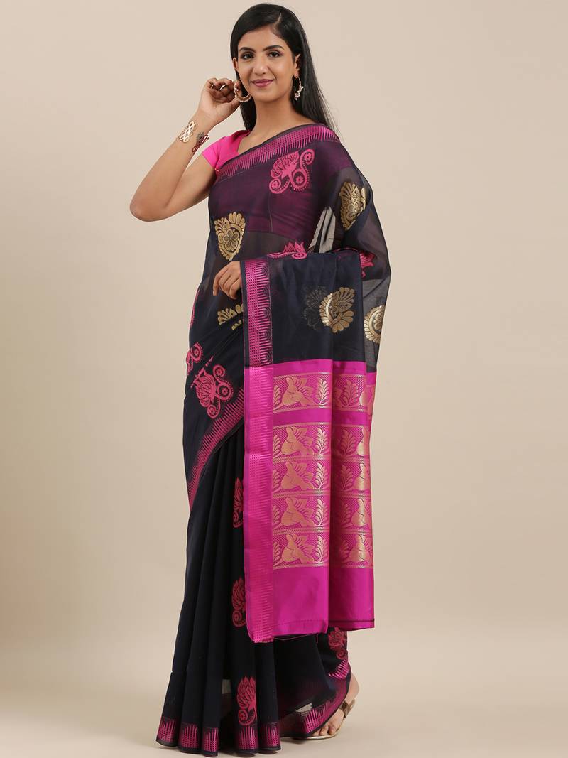 The Chennai Silks Navy Blue Silk Cotton Saree With Running Blouse