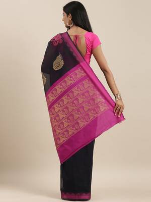 The Chennai Silks Navy Blue Silk Cotton Saree With Running Blouse 3