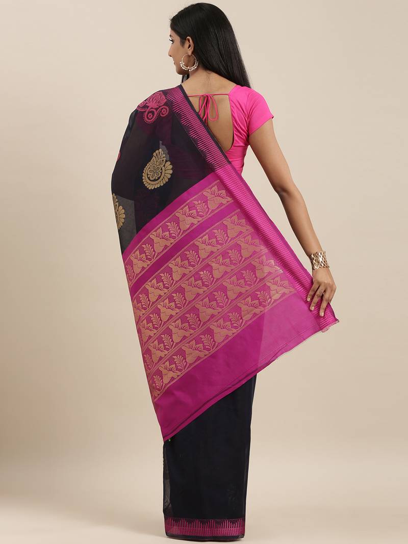 The Chennai Silks Navy Blue Silk Cotton Saree With Running Blouse