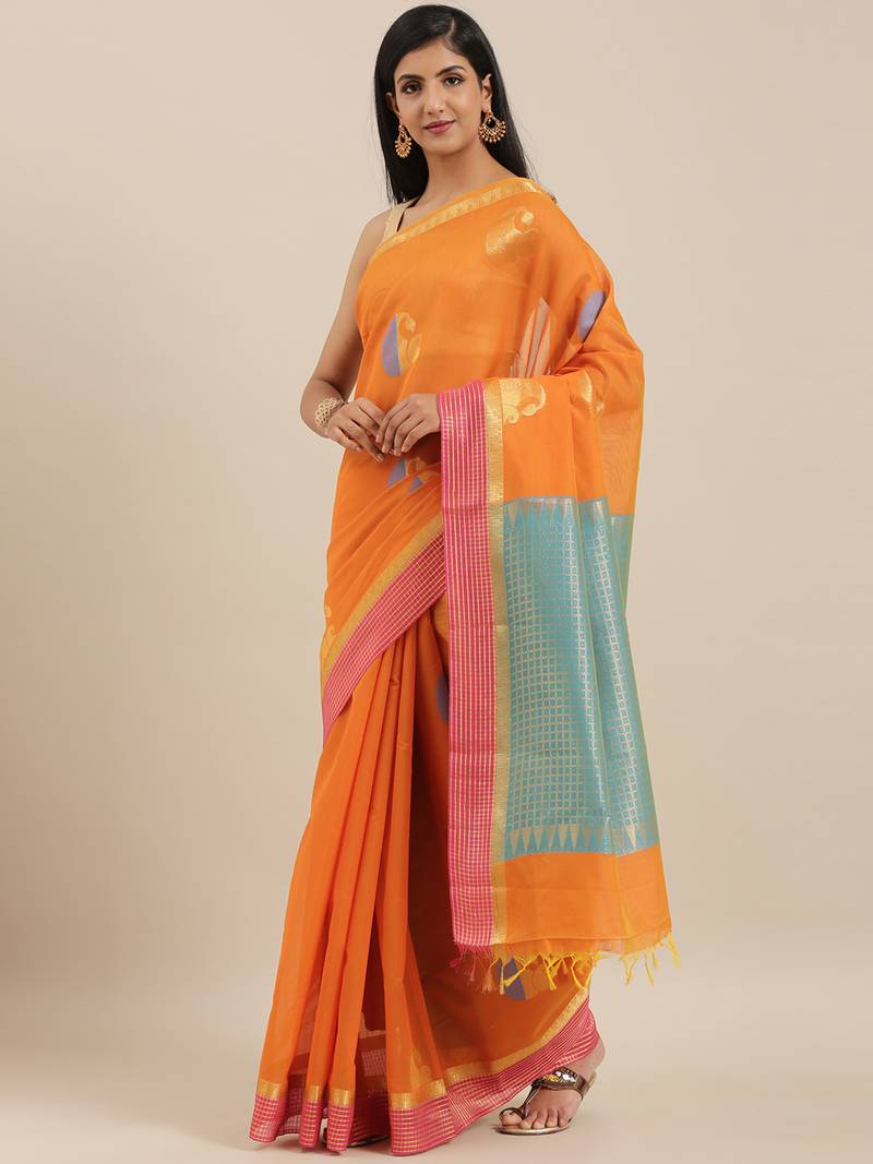 The Chennai Silks Orange Silk Cotton Saree With Running Blouse