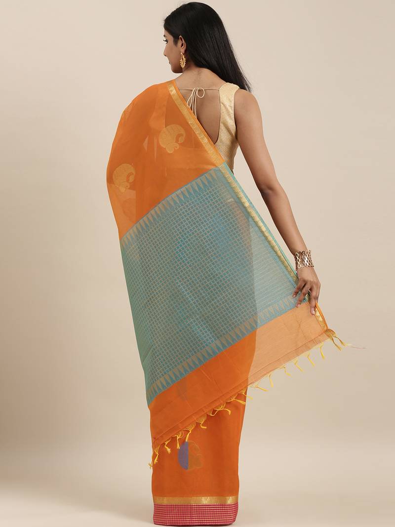 The Chennai Silks Orange Silk Cotton Saree With Running Blouse