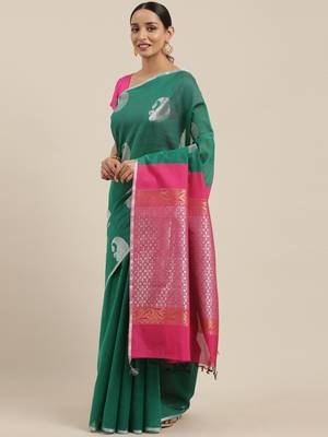 The Chennai Silks Green Silk Cotton Saree With Running Blouse 2