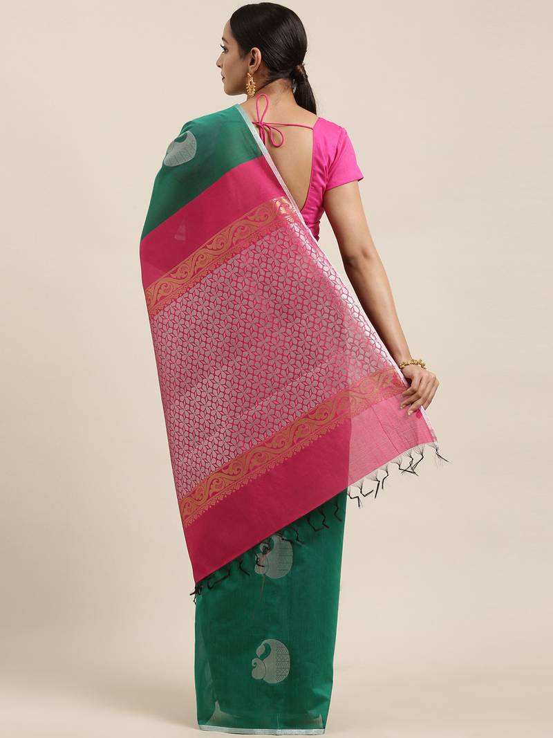 The Chennai Silks Green Silk Cotton Saree With Running Blouse