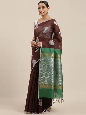 The Chennai Silks Brown Silk Cotton Saree With Running Blouse 2