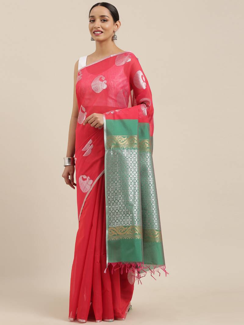 The Chennai Silks Red Silk Cotton Saree With Running Blouse