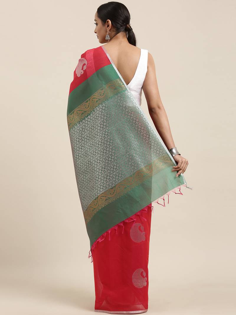 The Chennai Silks Red Silk Cotton Saree With Running Blouse