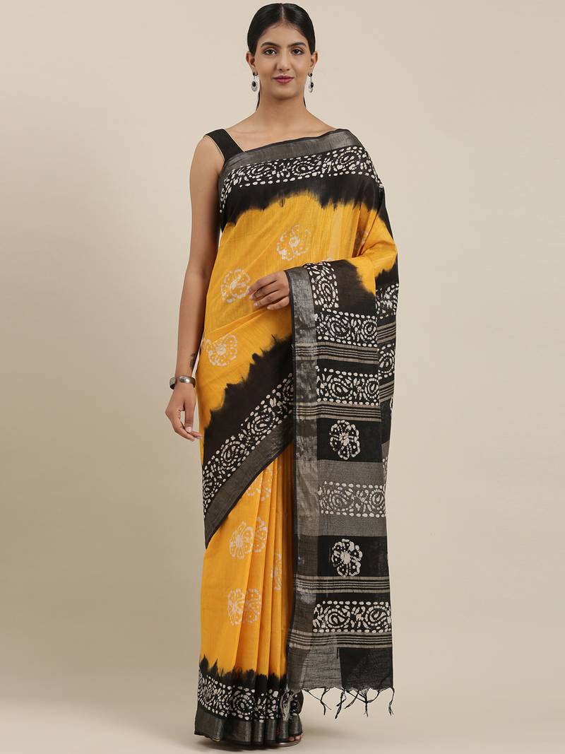The Chennai Silks Yellow Batik Print Pure Cotton Saree With Running Blouse