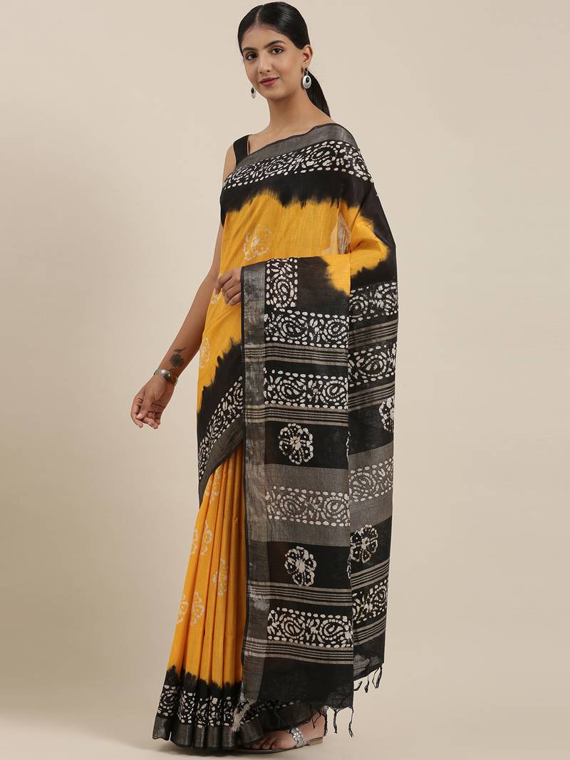 The Chennai Silks Yellow Batik Print Pure Cotton Saree With Running Blouse