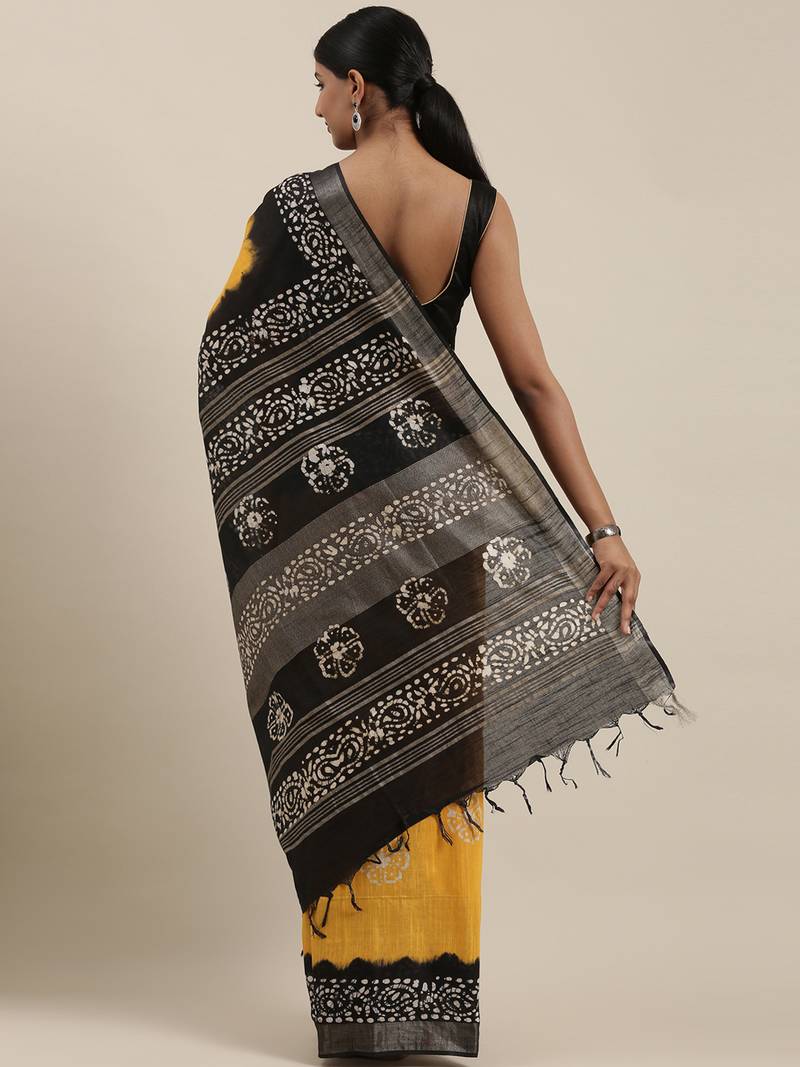 The Chennai Silks Yellow Batik Print Pure Cotton Saree With Running Blouse