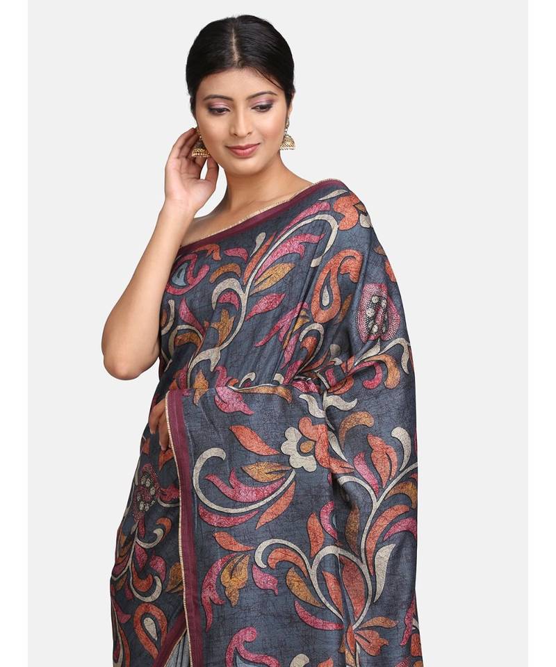 Angarika Blue Tussar Silk Traditional Saree with Contrast Border