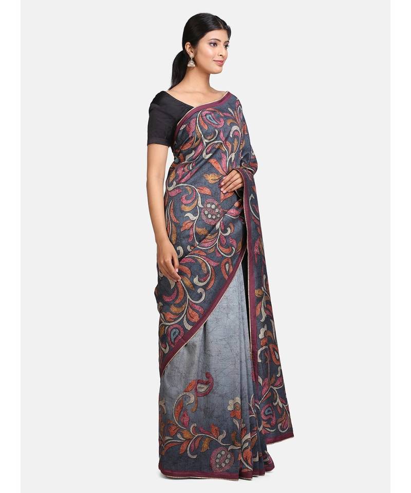 Angarika Blue Tussar Silk Traditional Saree with Contrast Border