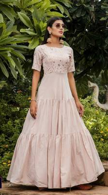turquoise embroidered cotton semi stitched party wear gowns 2