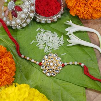 Gold Plated Ethnic Designer Pearl Kundan Rakhi  for Brother/Men (R002) 1