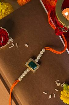 Gold Plated Ethnic Designer Pearl Stone Rakhi Bracket for Brother/Men (R010G-R)