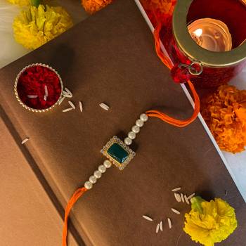 Gold Plated Ethnic Designer Pearl Stone Rakhi Bracket for Brother/Men  1