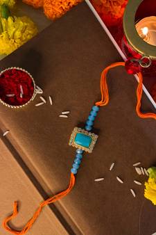 Gold Plated Ethnic Designer Beads & Stone Rakhi Bracket for Brother/Men (R010Sb-R)
