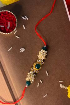 Gold Plated Ethnic Designer Pearl Kundan Rakhi Bracket for Brother/Men (R011G-R)